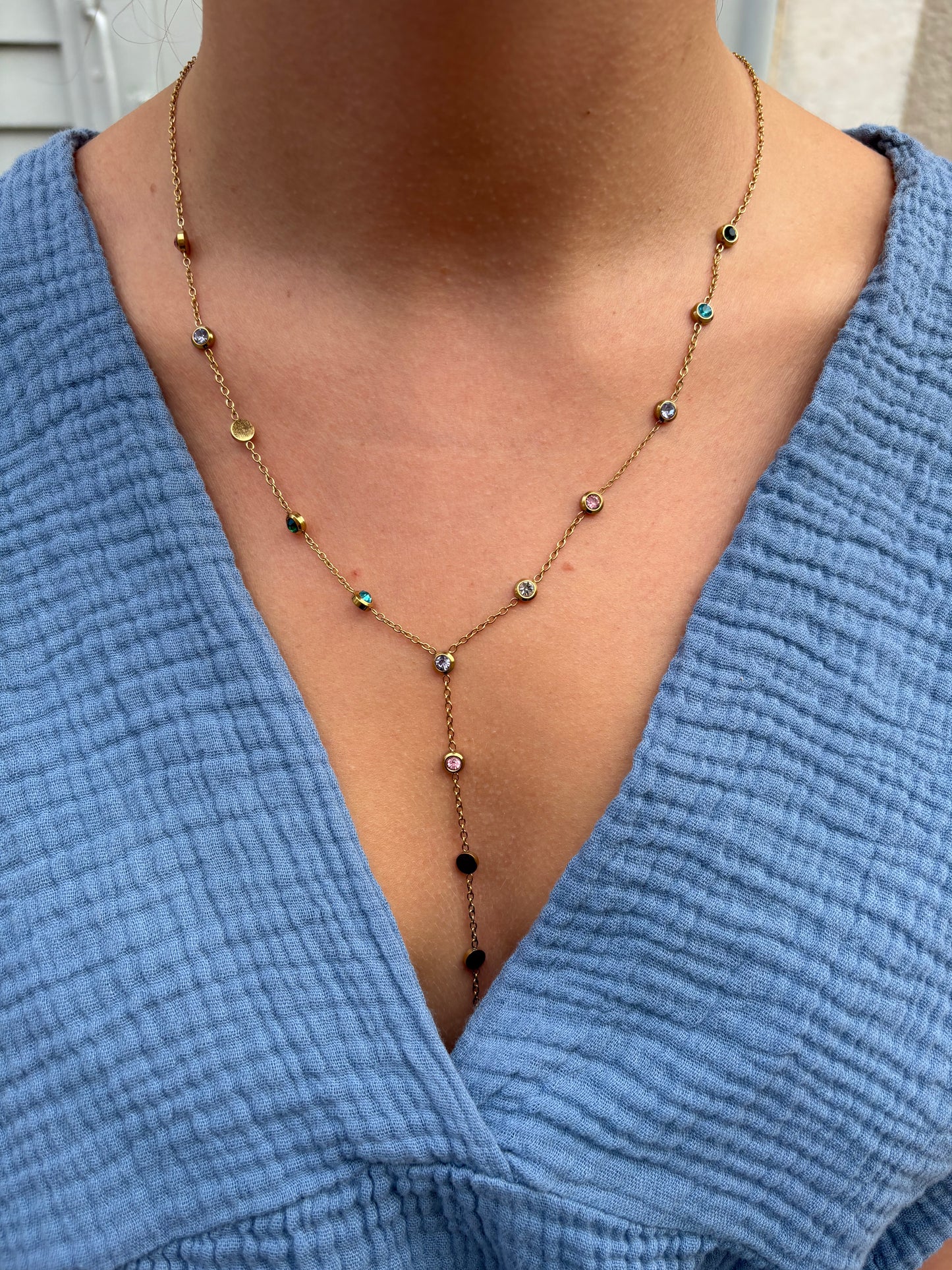 Collier en Y Irisa - Pierres Rondes Colorées & Doré