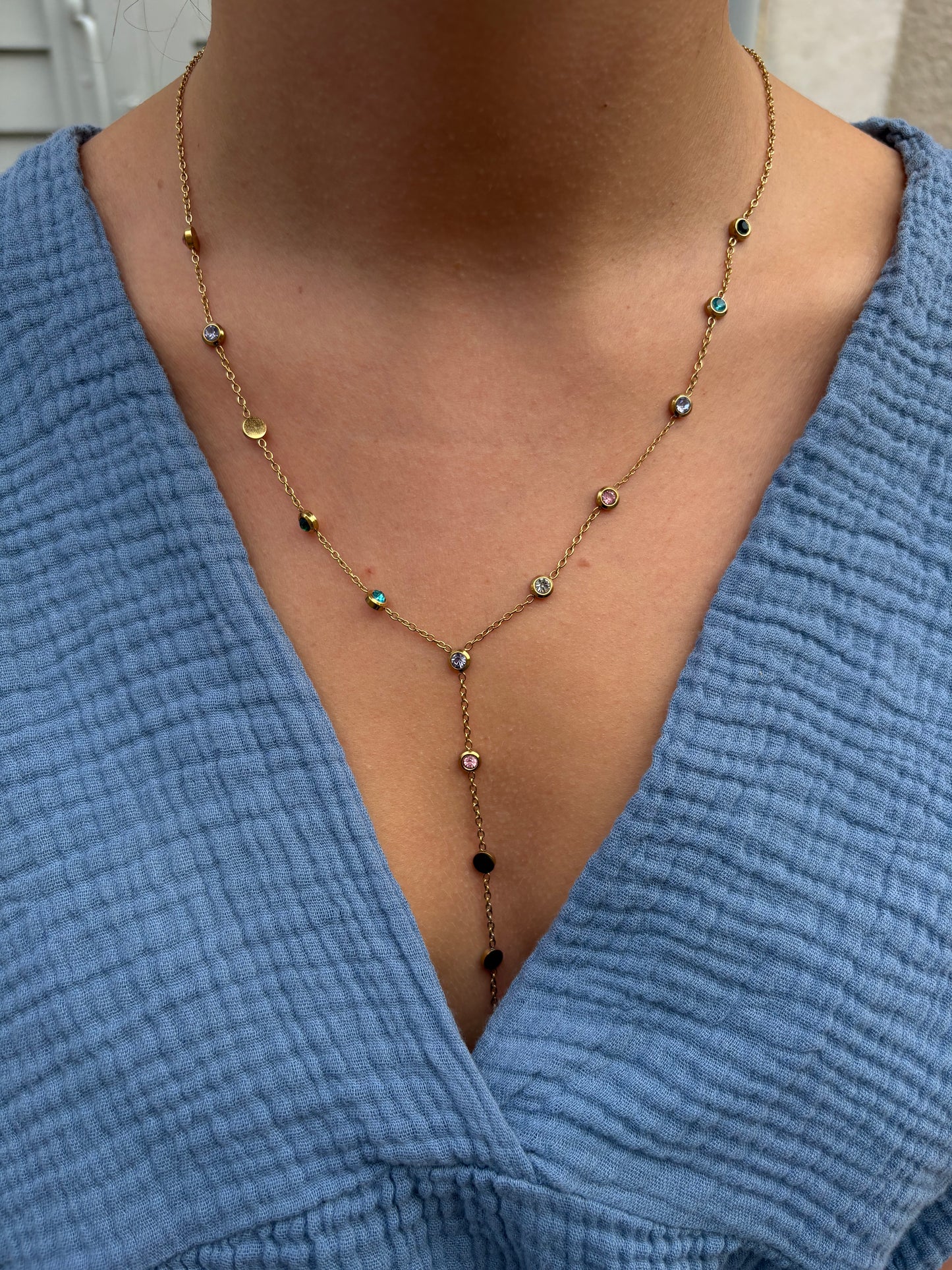 Collier en Y Irisa - Pierres Rondes Colorées & Doré